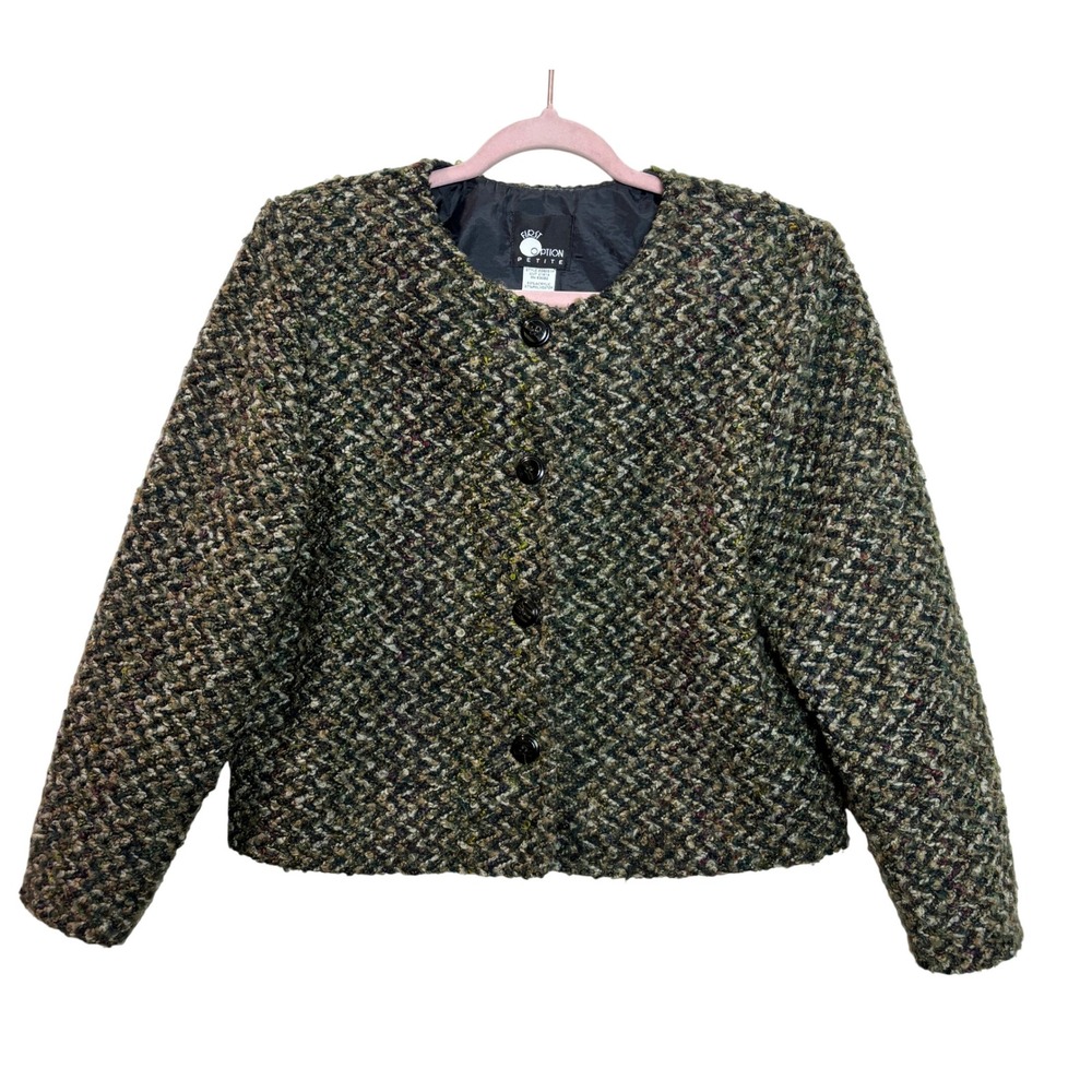 First Option Dark‎ Academia Classic Tweed Jacket Blazer Chevron Green Large PL